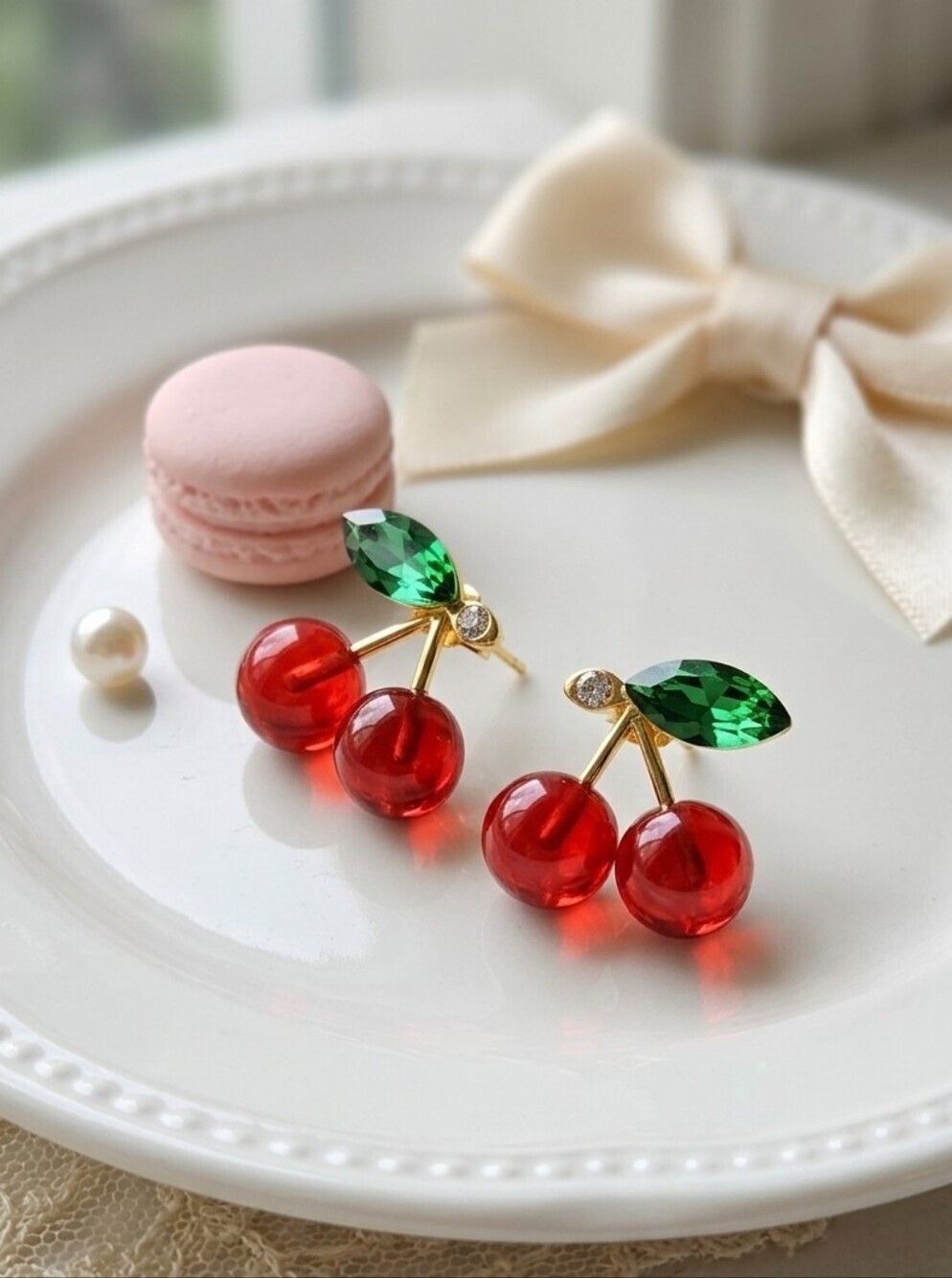 Red Cherry Acrylic Stud Earrings Gold Tone 925 Silver Post Coquette Coconut Girl